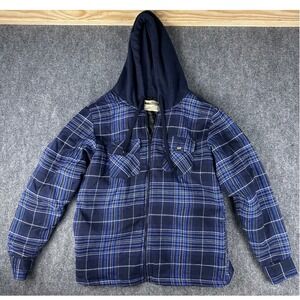 Open Trails Mens Blue Plaid Hooded Flannel Jacket Quilted Lined Full Zip Medium